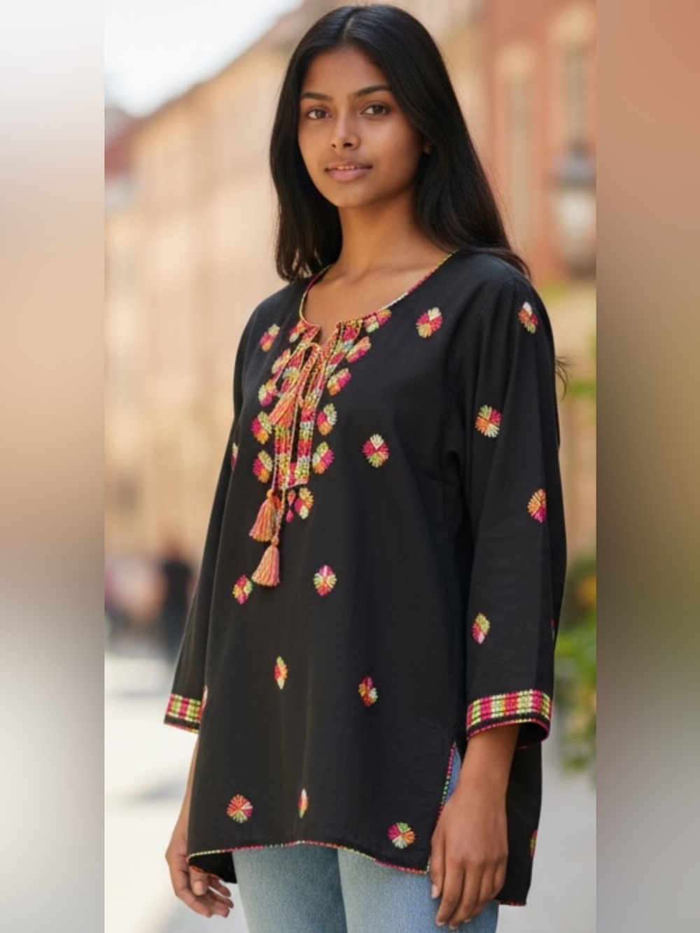Women's Mahal Women's Embroidered Boho Tunic Top – Black w/ Multicolor Detail ✨